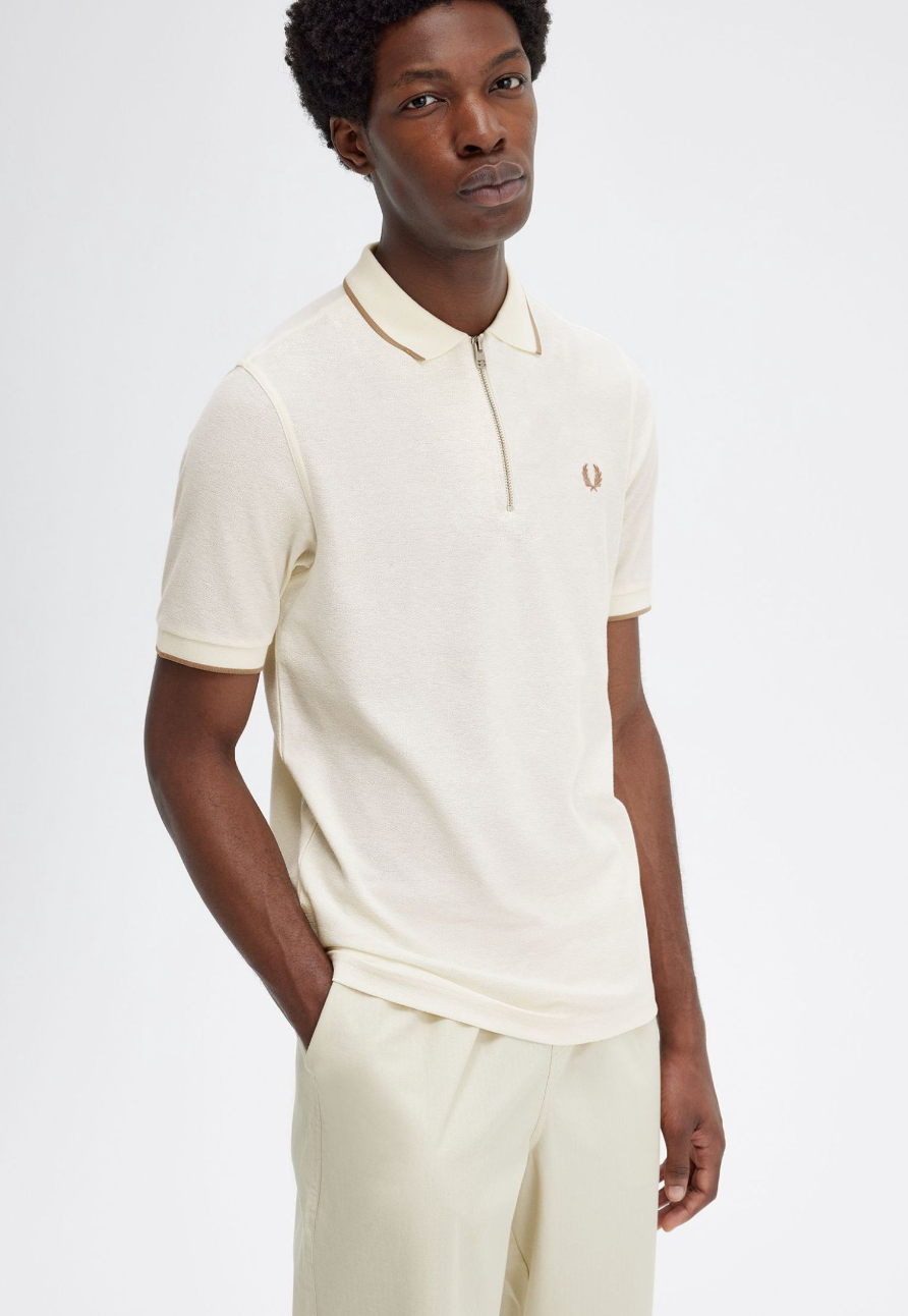 Crepe piquet zip neck shirt