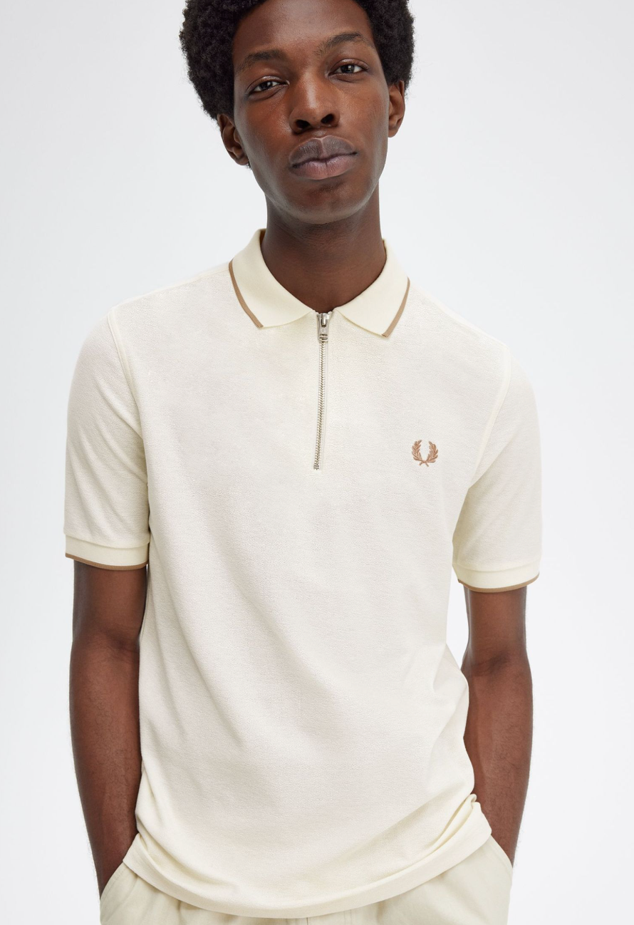 Crepe piquet zip neck shirt