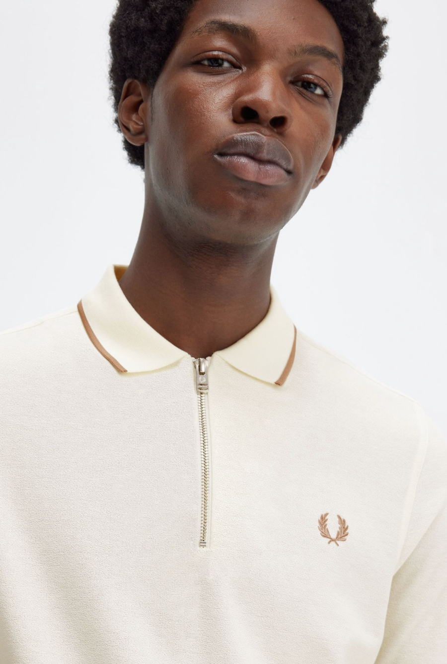 Crepe piquet zip neck shirt